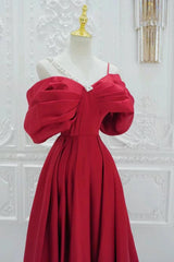 A Line Prom Dress Off the Shoulder Satin Red Long Evening Dress