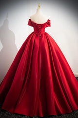 A Line Prom Dress Off the Shoulder Satin Red Long Evening Dress