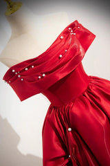 A Line Prom Dress Off the Shoulder Satin Red Long Evening Dress