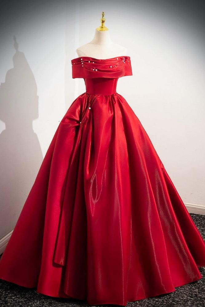 A Line Prom Dress Off the Shoulder Satin Red Long Evening Dress