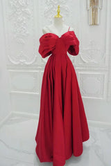 A Line Prom Dress Off the Shoulder Satin Red Long Evening Dress
