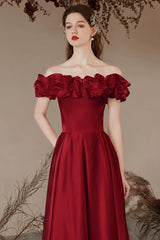 A Line Prom Dress Off the Shoulder Satin Tea Length Burgundy Formal Evening Dress