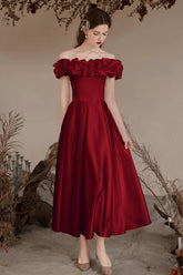 A Line Prom Dress Off the Shoulder Satin Tea Length Burgundy Formal Evening Dress