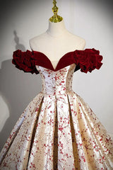 A Line Prom Dress Off the Shoulder Satin/Velvet Champagne Long Evening Dress