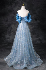 A Line Prom Dress Off the Shoulder Sequin Beaded Blue Long Evening Dress