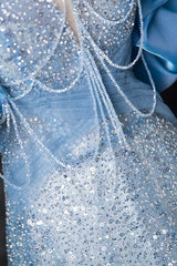 A Line Prom Dress Off the Shoulder Sequin Beaded Blue Long Evening Dress