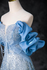 A Line Prom Dress Off the Shoulder Sequin Beaded Blue Long Evening Dress