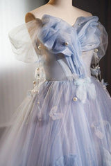 A Line Prom Dress Off the Shoulder Tulle Flower Blue Long Sweet 16 Dress Evening Dress