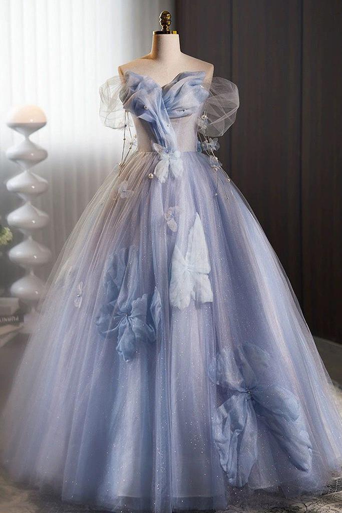 A Line Prom Dress Off the Shoulder Tulle Flower Blue Long Sweet 16 Dress Evening Dress