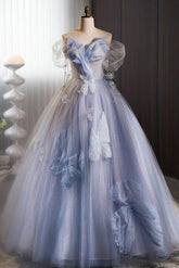 A Line Prom Dress Off the Shoulder Tulle Flower Blue Long Sweet 16 Dress Evening Dress