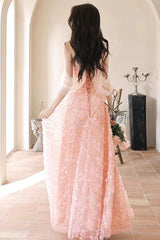 A Line Prom Dress Off the Shoulder Tulle Lace Pink Long Formal Evening Dress