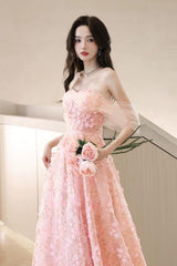 A Line Prom Dress Off the Shoulder Tulle Lace Pink Long Formal Evening Dress