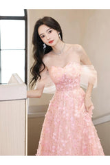 A Line Prom Dress Off the Shoulder Tulle Lace Pink Long Formal Evening Dress