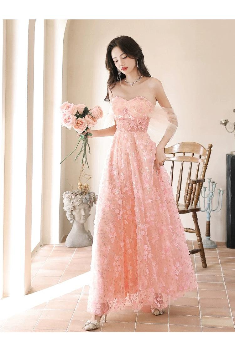 A Line Prom Dress Off the Shoulder Tulle Lace Pink Long Formal Evening Dress