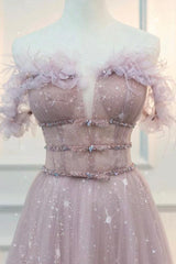 A Line Prom Dress Off the Shoulder Tulle Lace Pink Long Graduation Dress Evening Dress