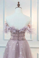 A Line Prom Dress Off the Shoulder Tulle Lace Pink Long Graduation Dress Evening Dress