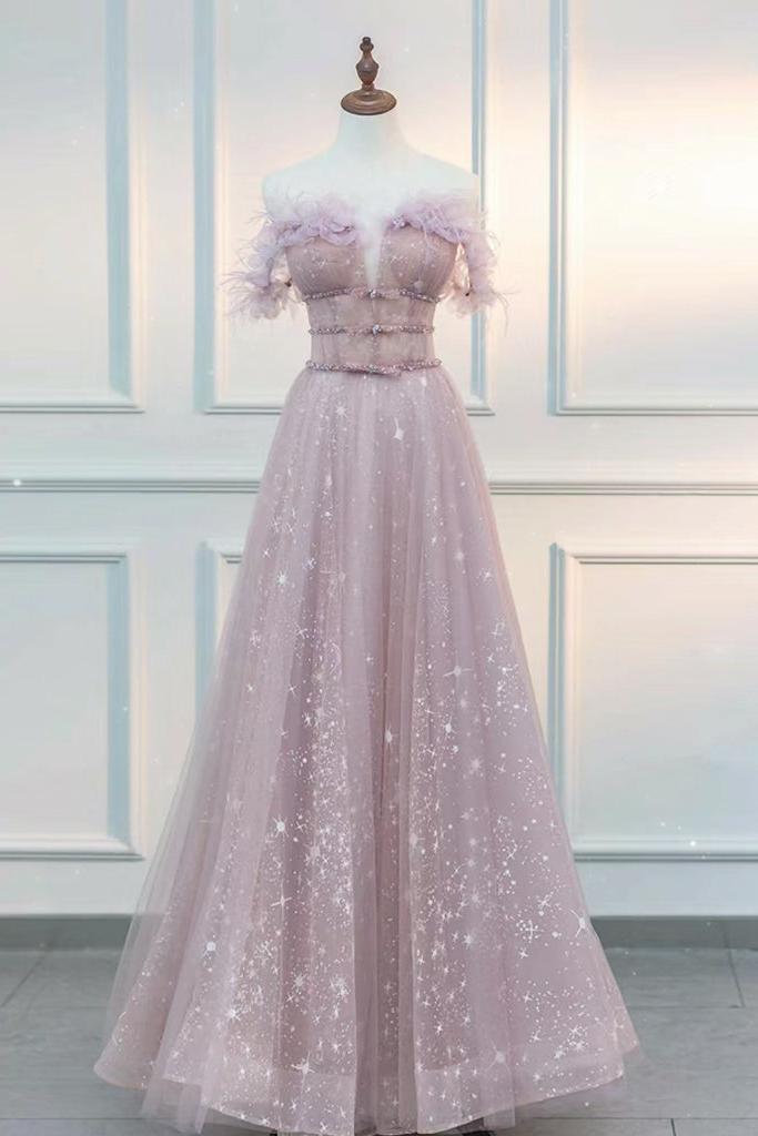 A Line Prom Dress Off the Shoulder Tulle Lace Pink Long Graduation Dress Evening Dress