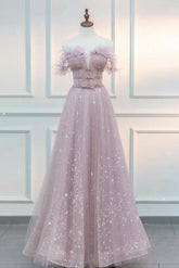 A Line Prom Dress Off the Shoulder Tulle Lace Pink Long Graduation Dress Evening Dress