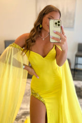 A Line Prom Dress Off the Shoulder Yellow Long Evening Dress with Slit