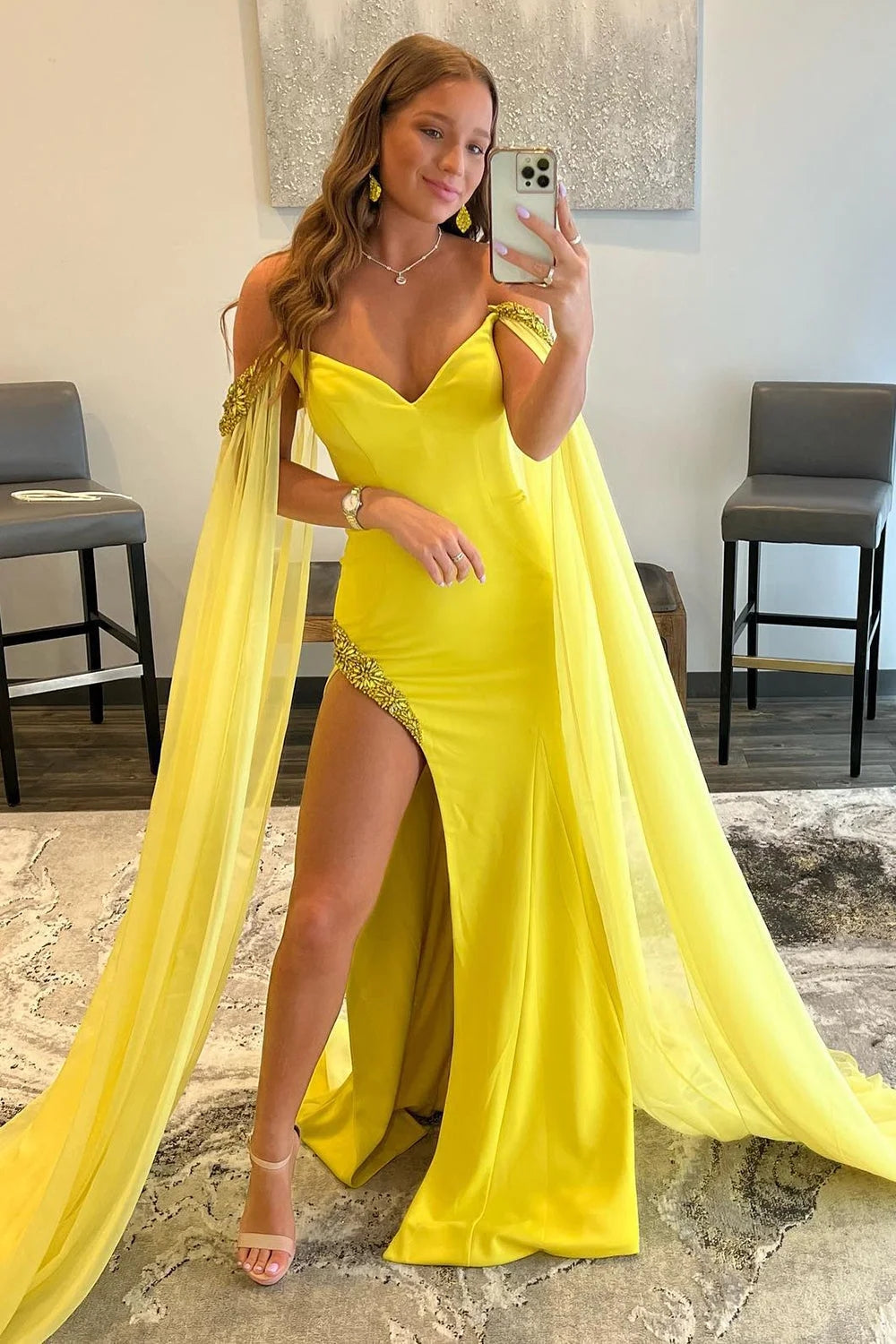 A Line Prom Dress Off the Shoulder Yellow Long Evening Dress with Slit