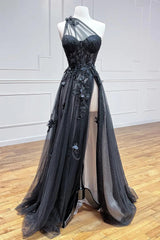 A Line Prom Dress One Shoulder Black Long Evening Dress with Appliques