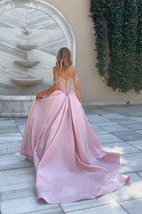 A Line Prom Dress Pink Off the Shoulder Beaded Formal Dress