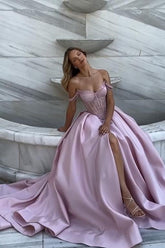A Line Prom Dress Pink Off the Shoulder Beaded Formal Dress