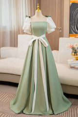 A Line Prom Dress Puff SleevSatin Green Long Sweet 16 Dress Evening Dress