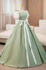 A Line Prom Dress Puff SleevSatin Green Long Sweet 16 Dress Evening Dress