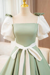 A Line Prom Dress Puff SleevSatin Green Long Sweet 16 Dress Evening Dress