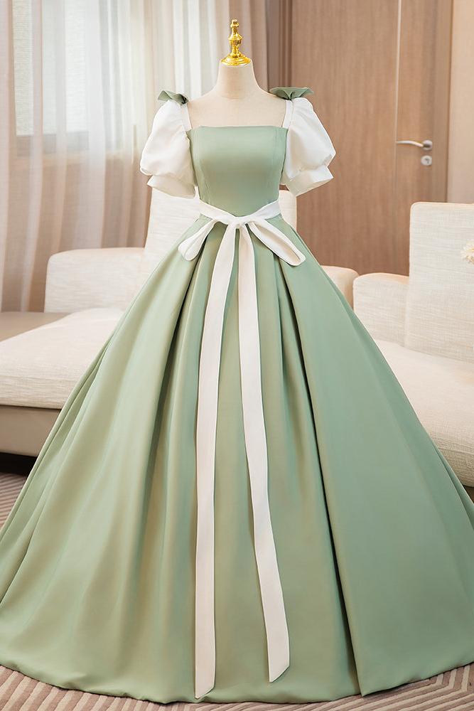 A Line Prom Dress Puff SleevSatin Green Long Sweet 16 Dress Evening Dress