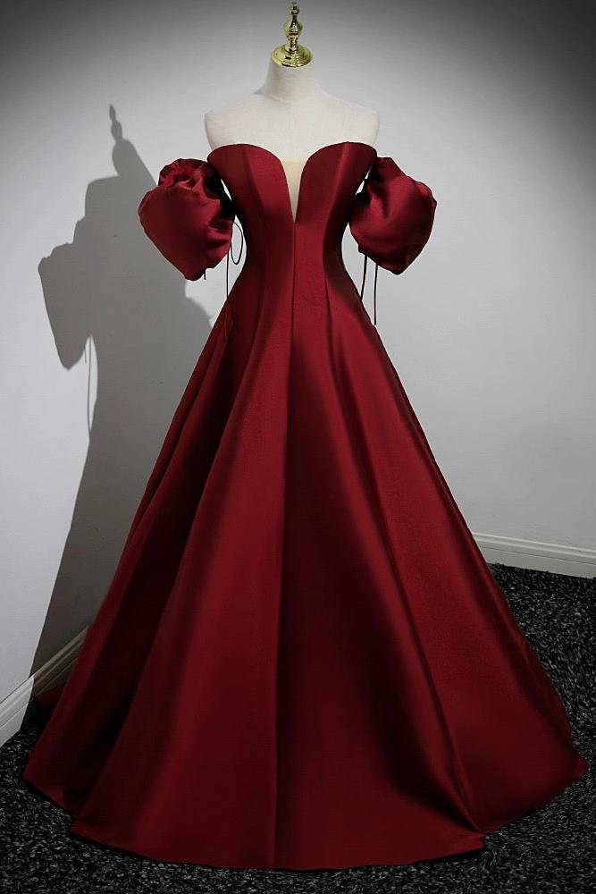 A Line Prom Dress Puff Sleeves Satin Burgundy Long Formal Evening Dress
