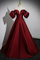 A Line Prom Dress Puff Sleeves Satin Burgundy Long Formal Evening Dress