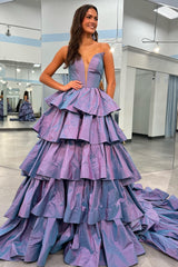 A Line Prom Dress Purple Long Tiered Evening Dress