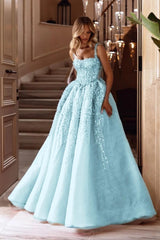 A Line Prom Dress Sleeveless Square Neck Formal Dress With Lace Appliques