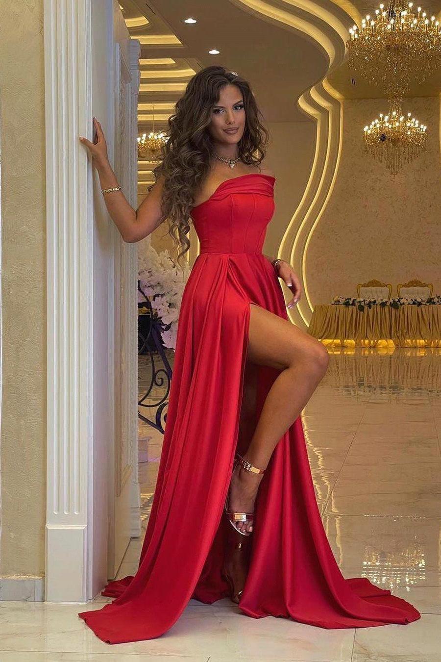 A Line Prom Dress Sleeveless Strapless Satin Formal Dress