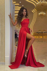 A Line Prom Dress Sleeveless Strapless Satin Formal Dress