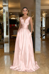 A Line Prom Dress Sleeveless V Neck Satin Formal Dress