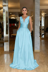 A Line Prom Dress Sleeveless V Neck Satin Formal Dress