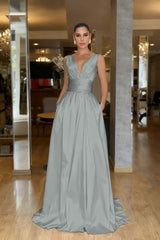A Line Prom Dress Sleeveless V Neck Satin Formal Dress