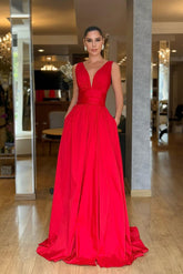 A Line Prom Dress Sleeveless V Neck Satin Formal Dress