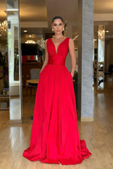 A Line Prom Dress Sleeveless V Neck Satin Formal Dress