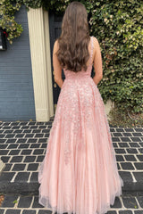 A Line Prom Dress Spaghetti Straps Light Pink Long Evening Dress with Appliques