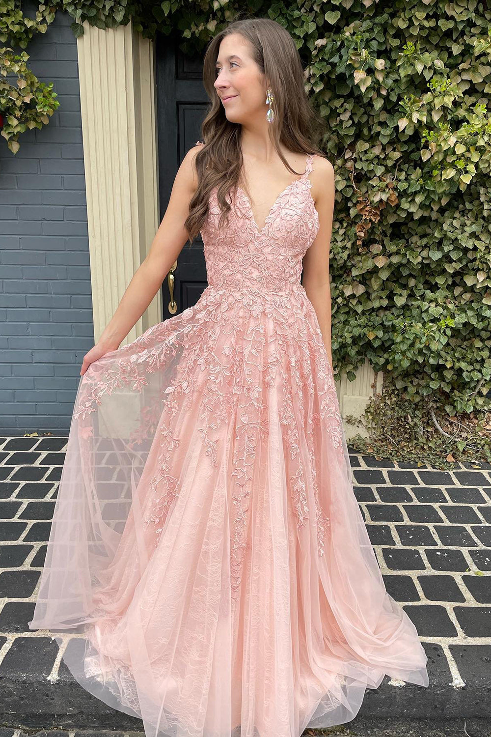 A Line Prom Dress Spaghetti Straps Light Pink Long Evening Dress with Appliques