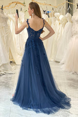 A Line Prom Dress Spaghetti Straps Navy Evening Dress with Appliques