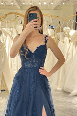 A Line Prom Dress Spaghetti Straps Navy Evening Dress with Appliques