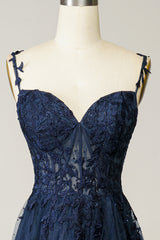 A Line Prom Dress Spaghetti Straps Navy Evening Dress with Appliques