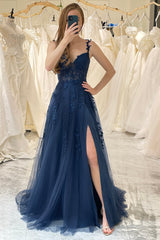 A Line Prom Dress Spaghetti Straps Navy Evening Dress with Appliques