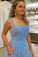 A Line Prom Dress Square Neck Light Blue Sequins Long Evening Dress