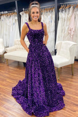 A Line Prom Dress Square Neck Light Blue Sequins Long Evening Dress